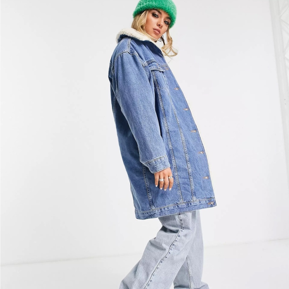 Topshop longline teddy lined jacket in mid blue